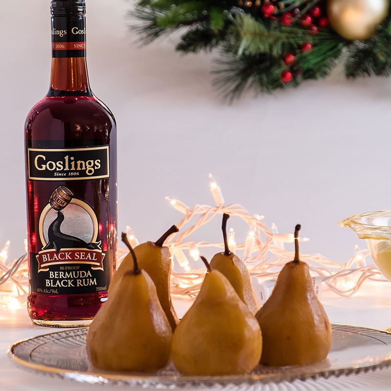 Goslings Black Seal Poached Pears with Rum Sabayon